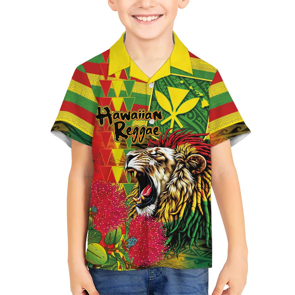 Hawaiian Reggae Family Matching Short Sleeve Bodycon Dress and Hawaiian Shirt Kakau Art Motifs with Ohia Lehua and Rastafari Lion LT03 Son's Shirt Multicolor - Polynesian Pride
