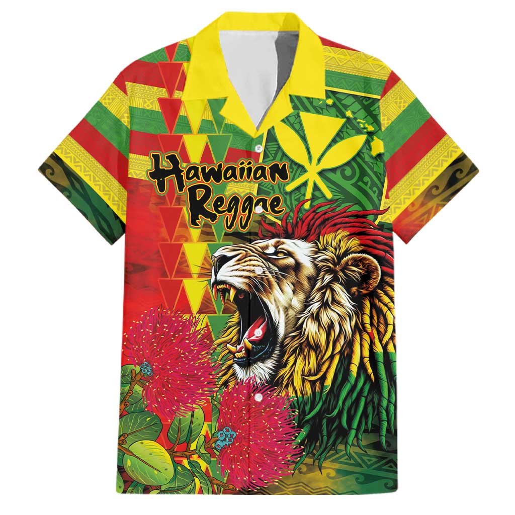 Hawaiian Reggae Family Matching Tank Maxi Dress and Hawaiian Shirt Kakau Art Motifs with Ohia Lehua and Rastafari Lion LT03 Dad's Shirt - Short Sleeve Multicolor - Polynesian Pride