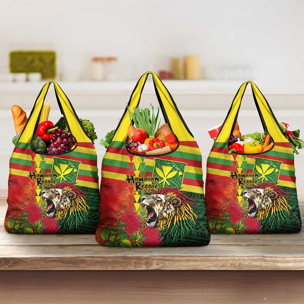 Hawaiian Reggae Grocery Bag Kakau Art Motifs with Ohia Lehua and Rastafari Lion LT03 3-pack One Size Multicolor - Polynesian Pride