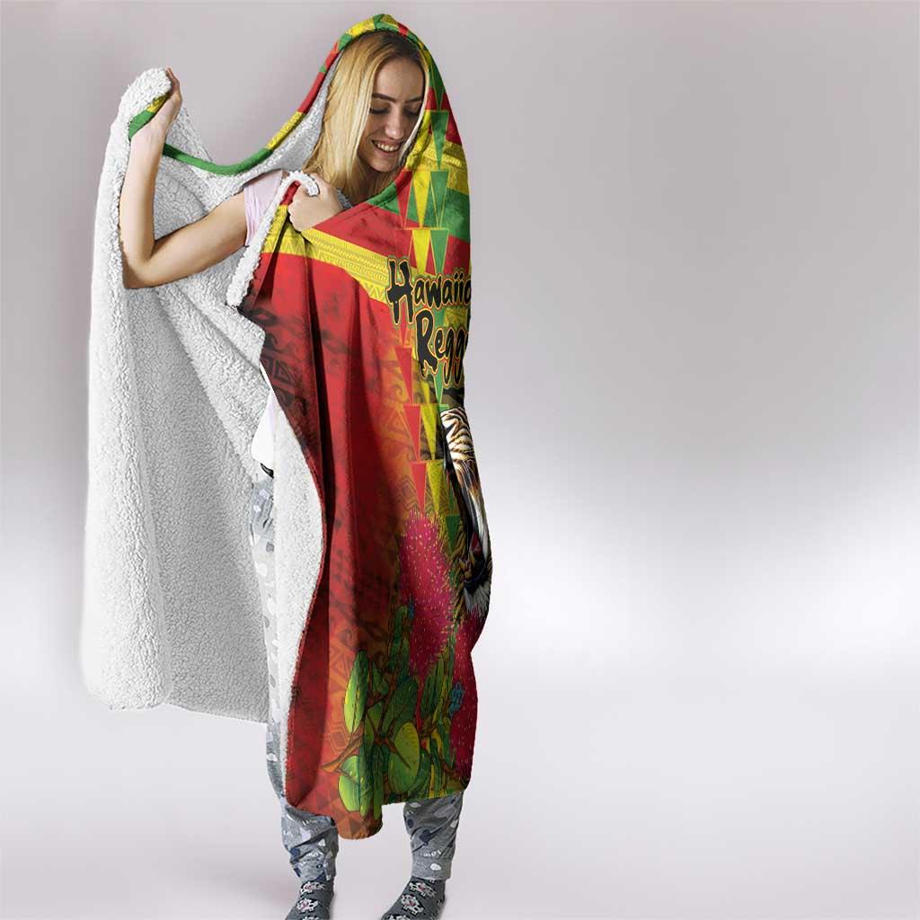Hawaiian Reggae Hooded Blanket Kakau Art Motifs with Ohia Lehua and Rastafari Lion - Polynesian Pride