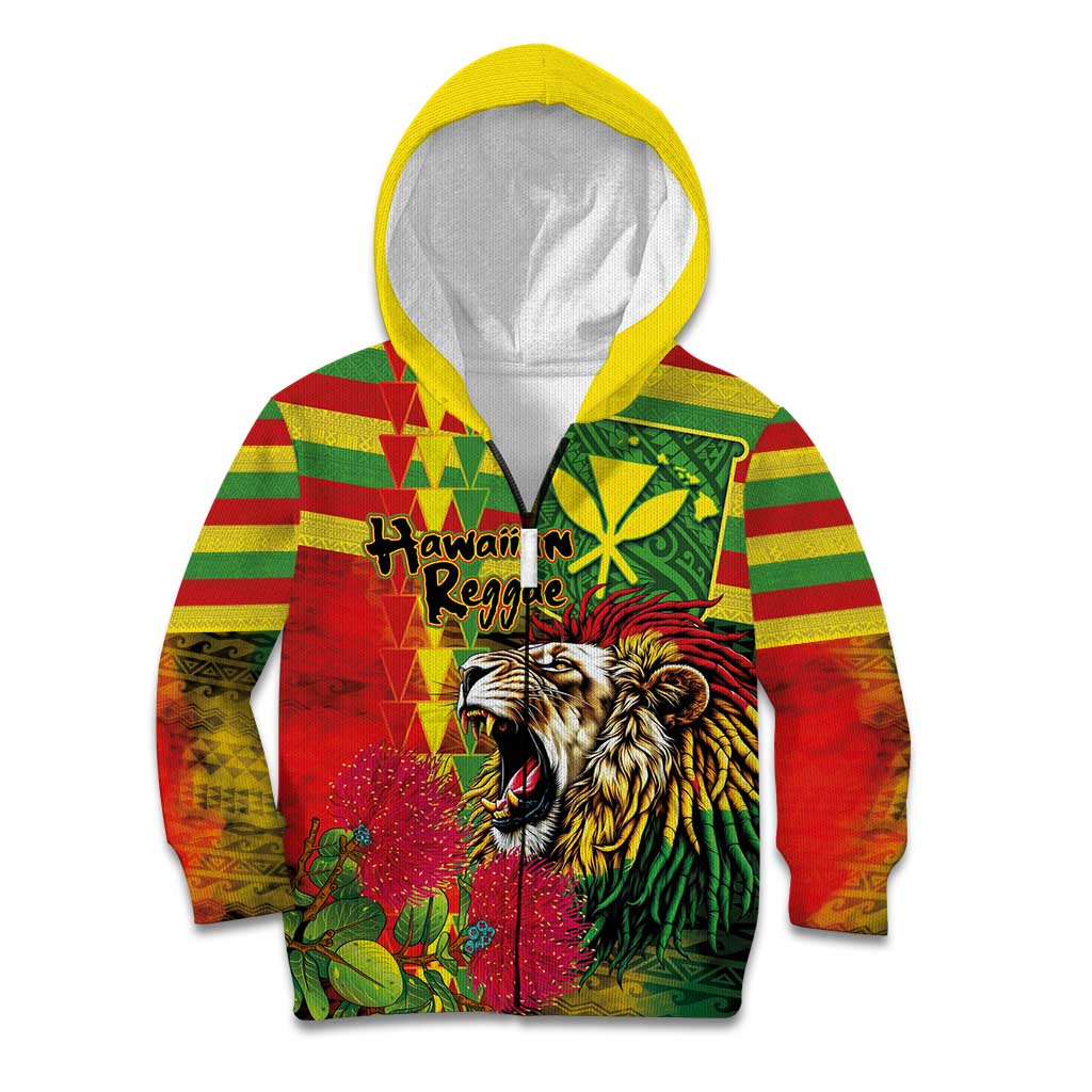 Hawaiian Reggae Kid Hoodie Kakau Art Motifs with Ohia Lehua and Rastafari Lion LT03 Zip Hoodie Multicolor - Polynesian Pride