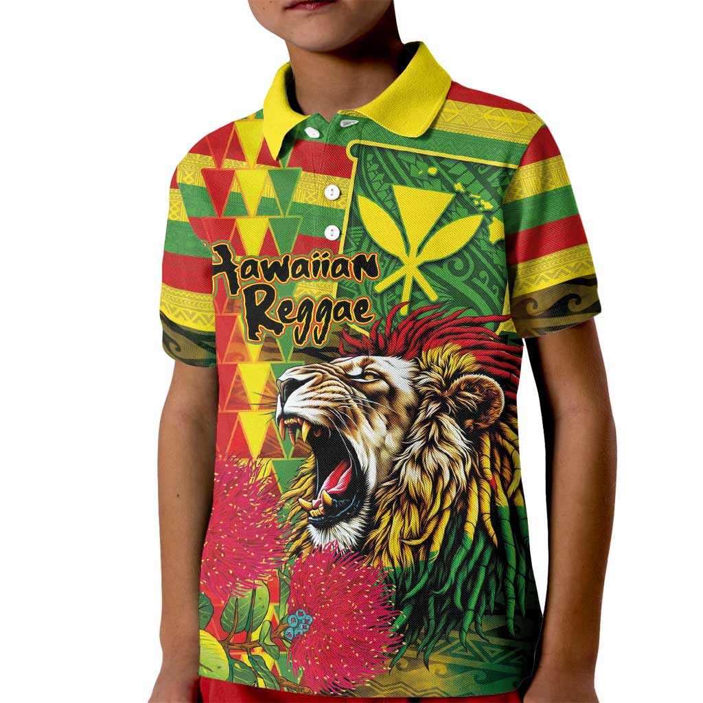 Hawaiian Reggae Kid Polo Shirt Kakau Art Motifs with Ohia Lehua and Rastafari Lion LT03 Kid Multicolor - Polynesian Pride