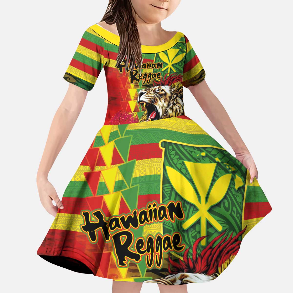 Hawaiian Reggae Kid Short Sleeve Dress Kakau Art Motifs with Ohia Lehua and Rastafari Lion LT03 KID Multicolor - Polynesian Pride