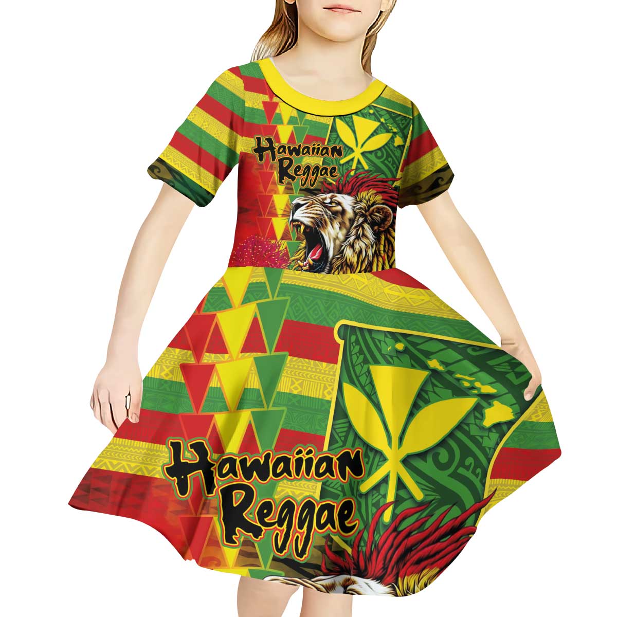 Hawaiian Reggae Kid Short Sleeve Dress Kakau Art Motifs with Ohia Lehua and Rastafari Lion LT03 - Polynesian Pride