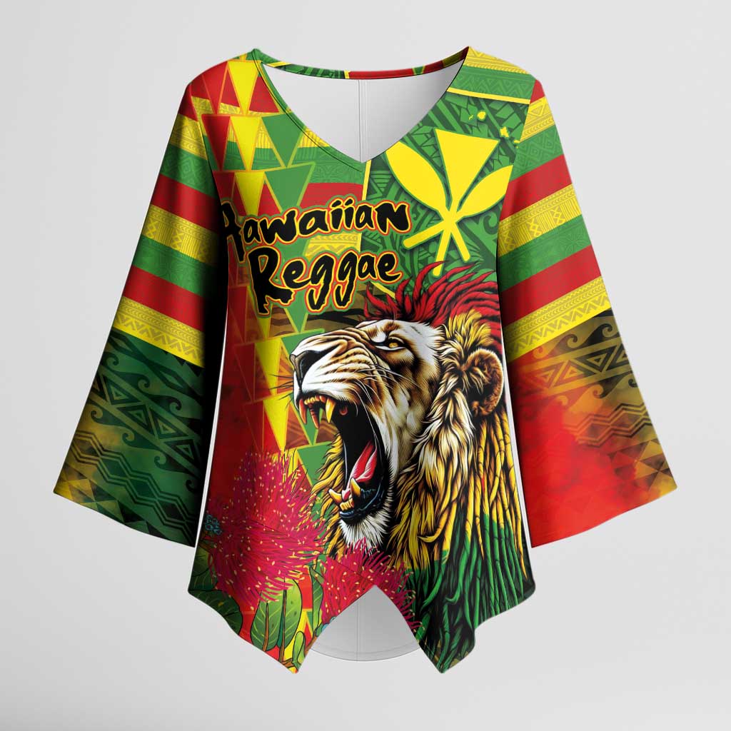 Hawaiian Reggae Kimono Sleeve Blouse Kakau Art Motifs with Ohia Lehua and Rastafari Lion LT03 Female Multicolor - Polynesian Pride