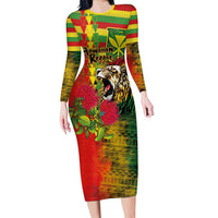 Hawaiian Reggae Long Sleeve Bodycon Dress Kakau Art Motifs with Ohia Lehua and Rastafari Lion LT03 Long Dress Multicolor - Polynesian Pride