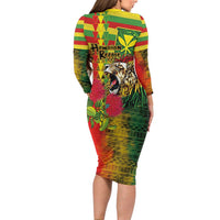 Hawaiian Reggae Long Sleeve Bodycon Dress Kakau Art Motifs with Ohia Lehua and Rastafari Lion LT03 - Polynesian Pride