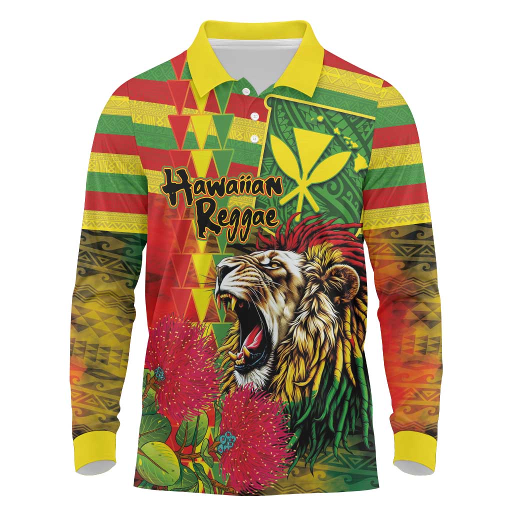 Hawaiian Reggae Long Sleeve Polo Shirt Kakau Art Motifs with Ohia Lehua and Rastafari Lion LT03 Multicolor - Polynesian Pride