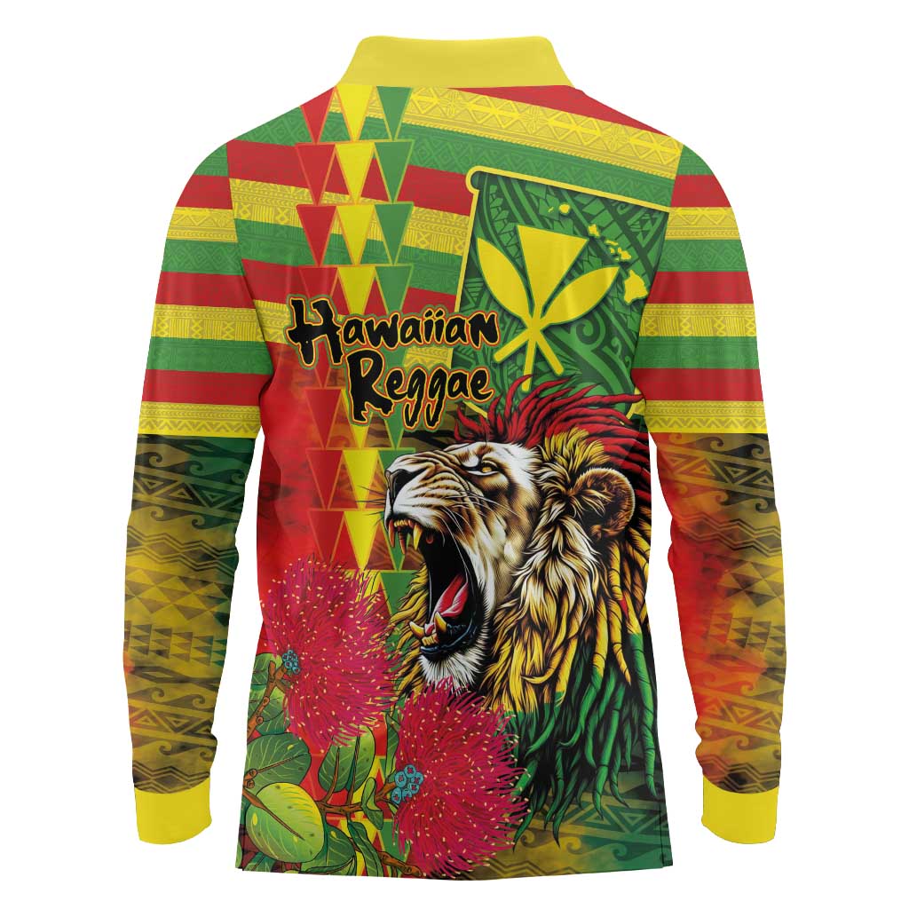 Hawaiian Reggae Long Sleeve Polo Shirt Kakau Art Motifs with Ohia Lehua and Rastafari Lion LT03 - Polynesian Pride