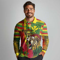 Hawaiian Reggae Long Sleeve Polo Shirt Kakau Art Motifs with Ohia Lehua and Rastafari Lion LT03 - Polynesian Pride
