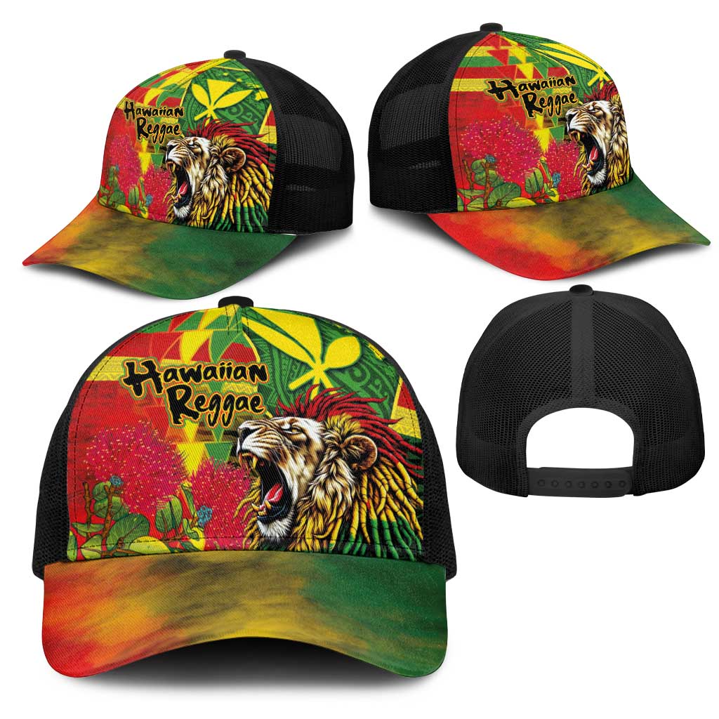 Hawaiian Reggae Mesh Trucker Cap Kakau Art Motifs with Ohia Lehua and Rastafari Lion - Polynesian Pride