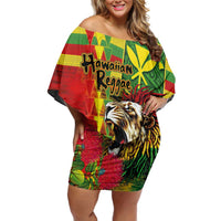 Hawaiian Reggae Off Shoulder Short Dress Kakau Art Motifs with Ohia Lehua and Rastafari Lion LT03 Women Multicolor - Polynesian Pride