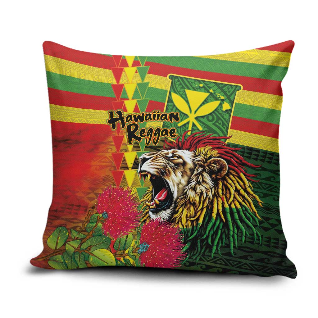 Hawaiian Reggae Pillow Cover Kakau Art Motifs with Ohia Lehua and Rastafari Lion - Polynesian Pride