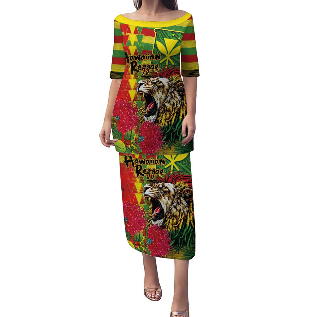 Hawaiian Reggae Puletasi Kakau Art Motifs with Ohia Lehua and Rastafari Lion - Polynesian Pride