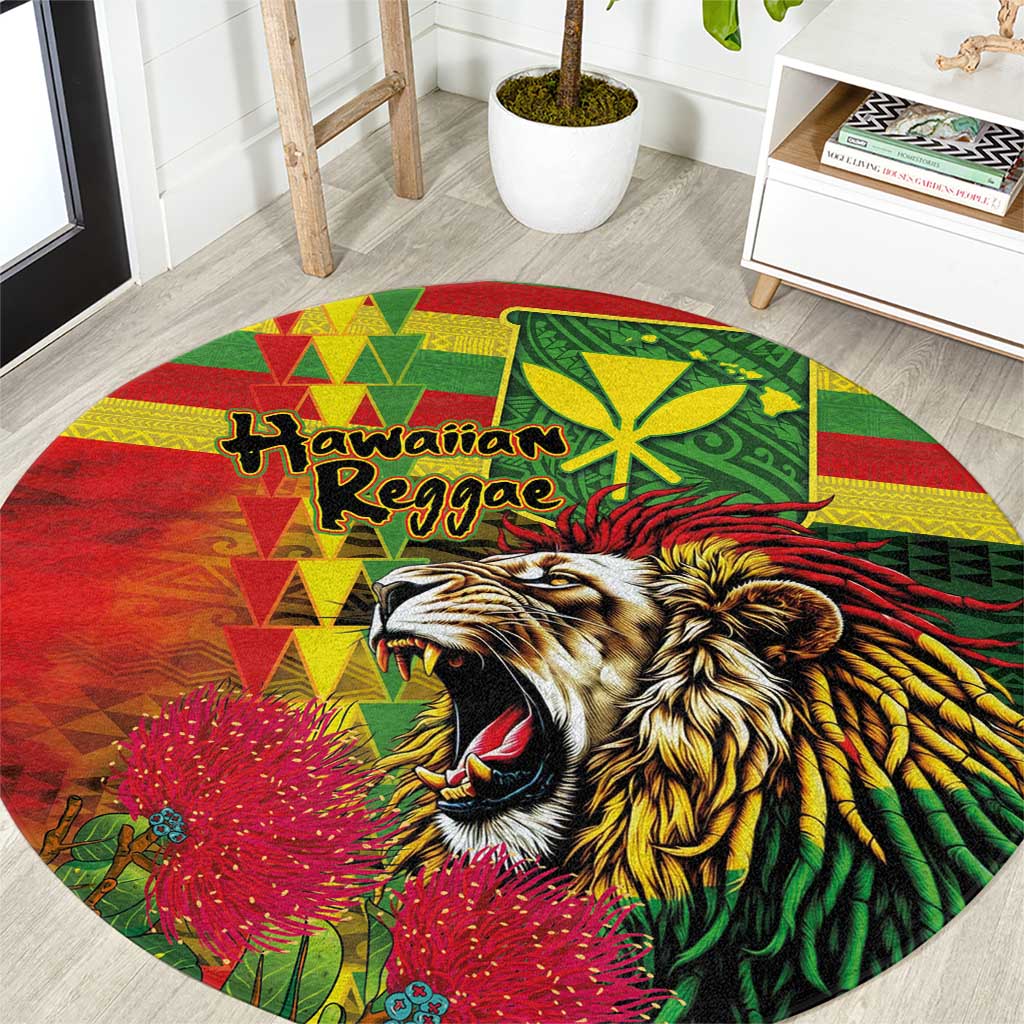 Hawaiian Reggae Round Carpet Kakau Art Motifs with Ohia Lehua and Rastafari Lion - Polynesian Pride