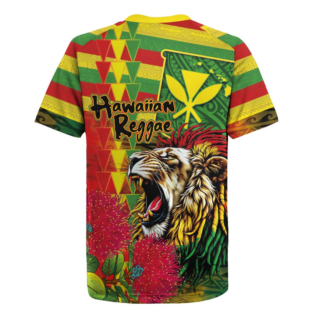Hawaiian Reggae Rugby Jersey Kakau Art Motifs with Ohia Lehua and Rastafari Lion - Polynesian Pride