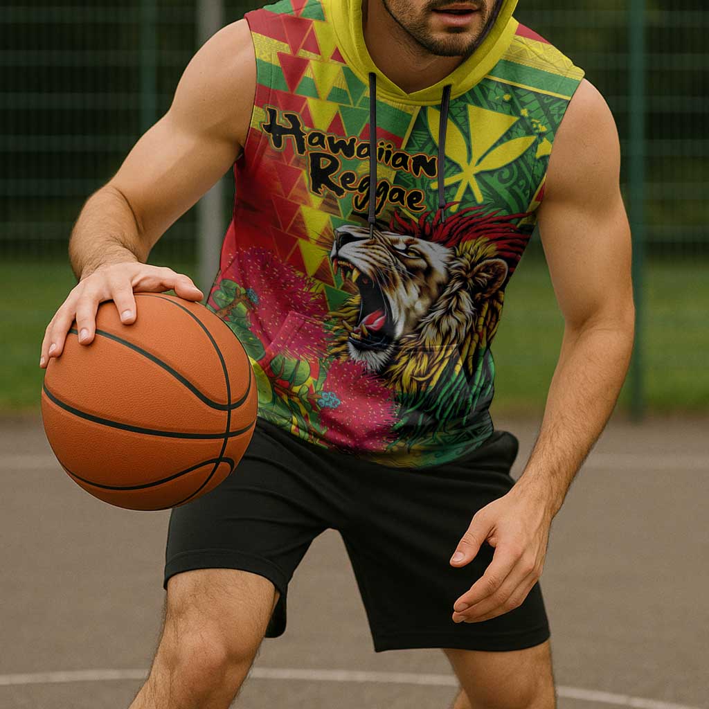 Hawaiian Reggae Sleeveless Hoodie Kakau Art Motifs with Ohia Lehua and Rastafari Lion LT03 - Polynesian Pride