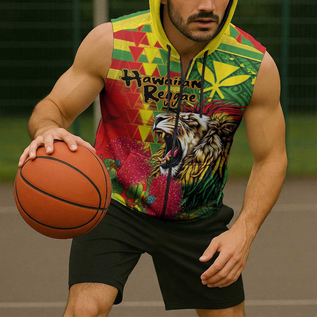 Hawaiian Reggae Sleeveless Zip Hoodie Kakau Art Motifs with Ohia Lehua and Rastafari Lion LT03 - Polynesian Pride