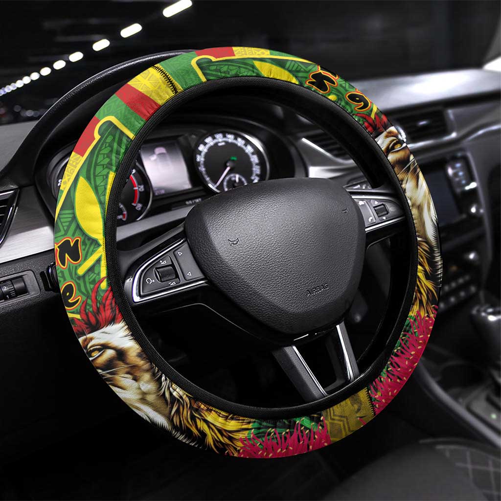 Hawaiian Reggae Steering Wheel Cover Kakau Art Motifs with Ohia Lehua and Rastafari Lion LT03 Universal Fit Multicolor - Polynesian Pride