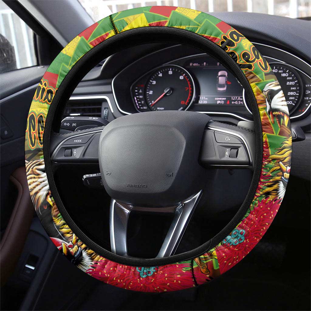 Hawaiian Reggae Steering Wheel Cover Kakau Art Motifs with Ohia Lehua and Rastafari Lion LT03 - Polynesian Pride