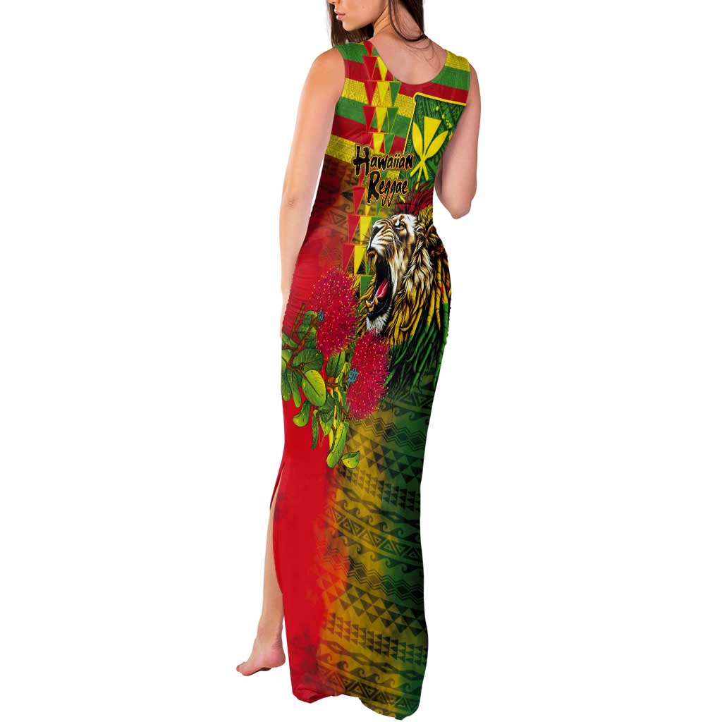 Hawaiian Reggae Tank Maxi Dress Kakau Art Motifs with Ohia Lehua and Rastafari Lion LT03 - Polynesian Pride