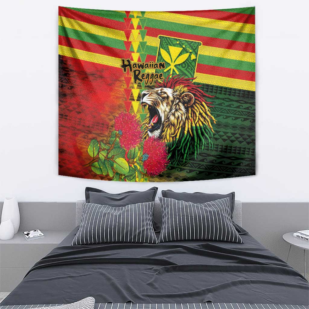 Hawaiian Reggae Tapestry Kakau Art Motifs with Ohia Lehua and Rastafari Lion - Polynesian Pride