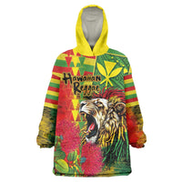 Hawaiian Reggae Wearable Blanket Hoodie Kakau Art Motifs with Ohia Lehua and Rastafari Lion LT03 One Size Multicolor - Polynesian Pride