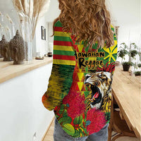 Hawaiian Reggae Women Casual Shirt Kakau Art Motifs with Ohia Lehua and Rastafari Lion LT03 - Polynesian Pride