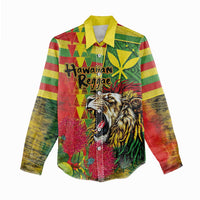 Hawaiian Reggae Women Casual Shirt Kakau Art Motifs with Ohia Lehua and Rastafari Lion LT03 - Polynesian Pride