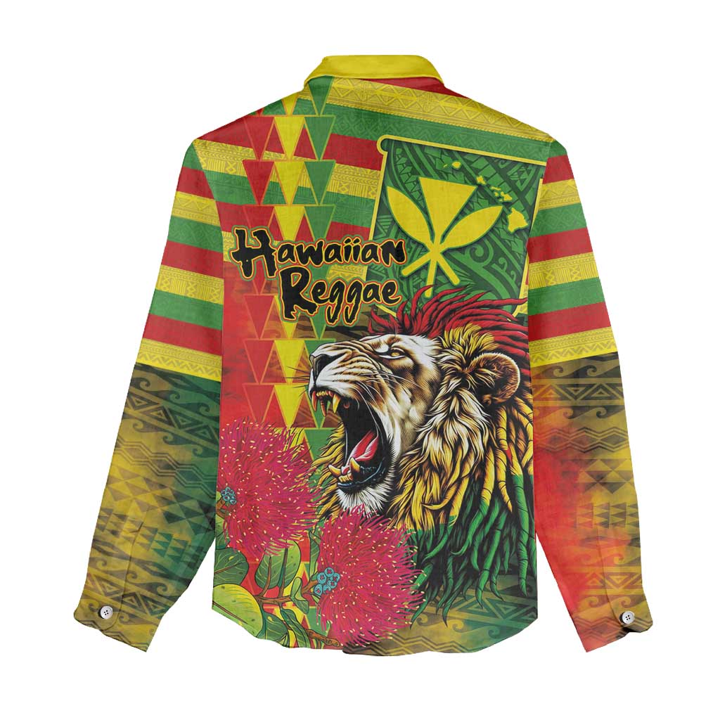 Hawaiian Reggae Women Casual Shirt Kakau Art Motifs with Ohia Lehua and Rastafari Lion LT03 - Polynesian Pride
