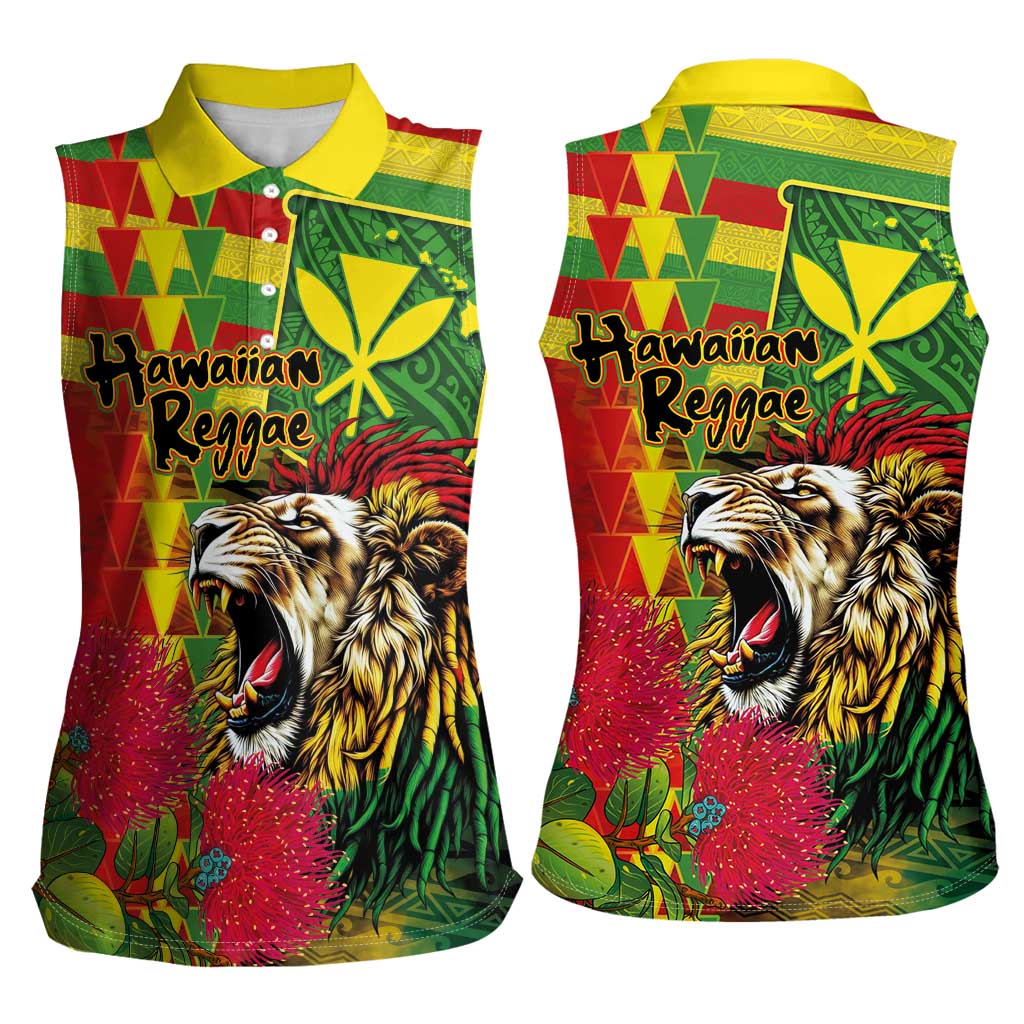 Hawaiian Reggae Women Sleeveless Polo Shirt Kakau Art Motifs with Ohia Lehua and Rastafari Lion LT03 - Polynesian Pride