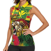 Hawaiian Reggae Women Sleeveless Polo Shirt Kakau Art Motifs with Ohia Lehua and Rastafari Lion LT03 - Polynesian Pride