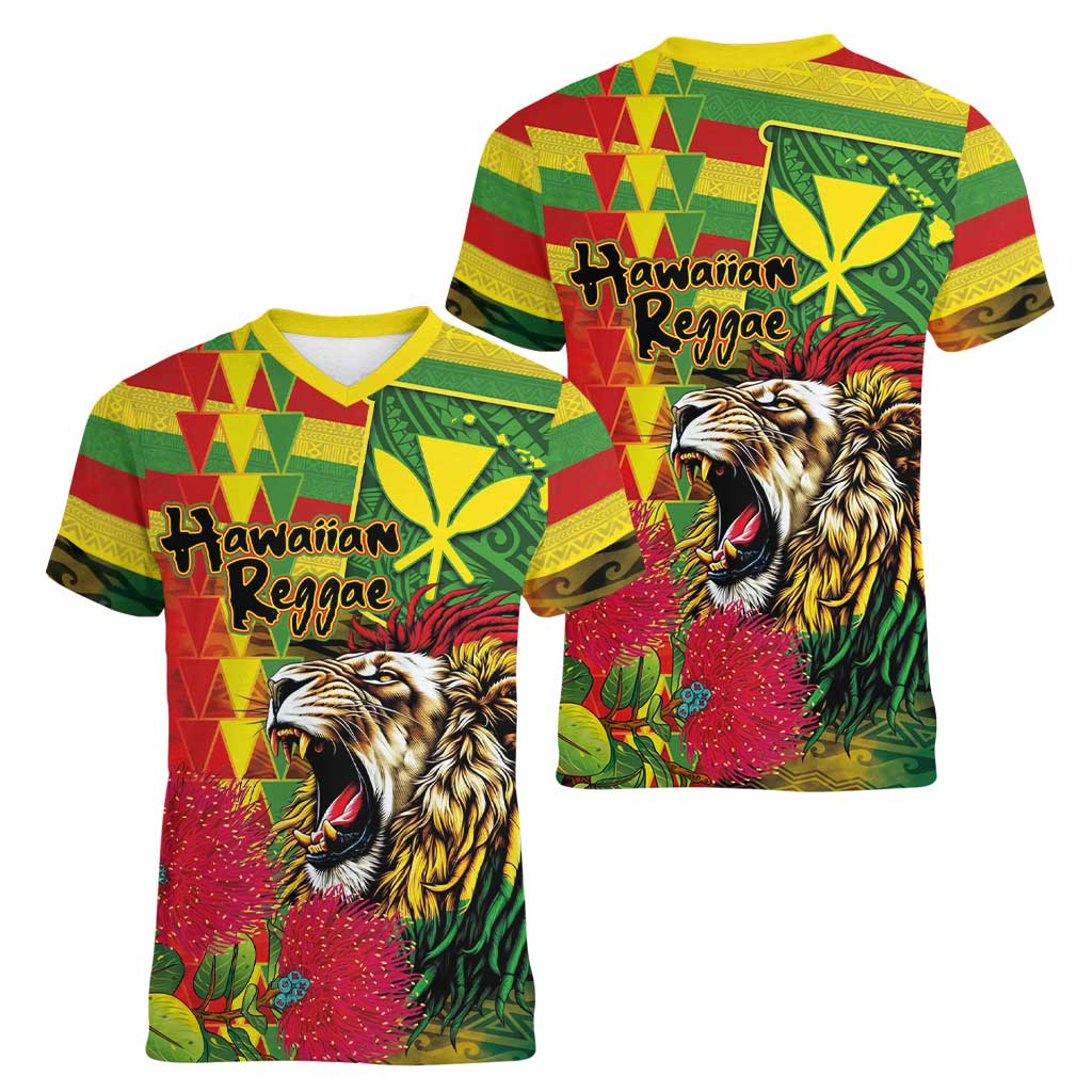 Hawaiian Reggae Women V-Neck T-Shirt Kakau Art Motifs with Ohia Lehua and Rastafari Lion LT03 - Polynesian Pride