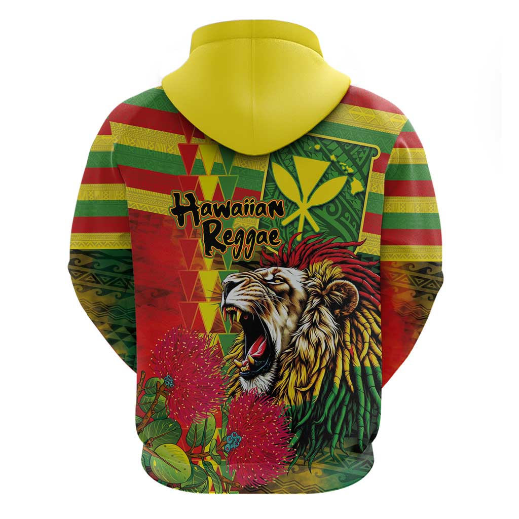 Hawaiian Reggae Zip Hoodie Kakau Art Motifs with Ohia Lehua and Rastafari Lion LT03 - Polynesian Pride