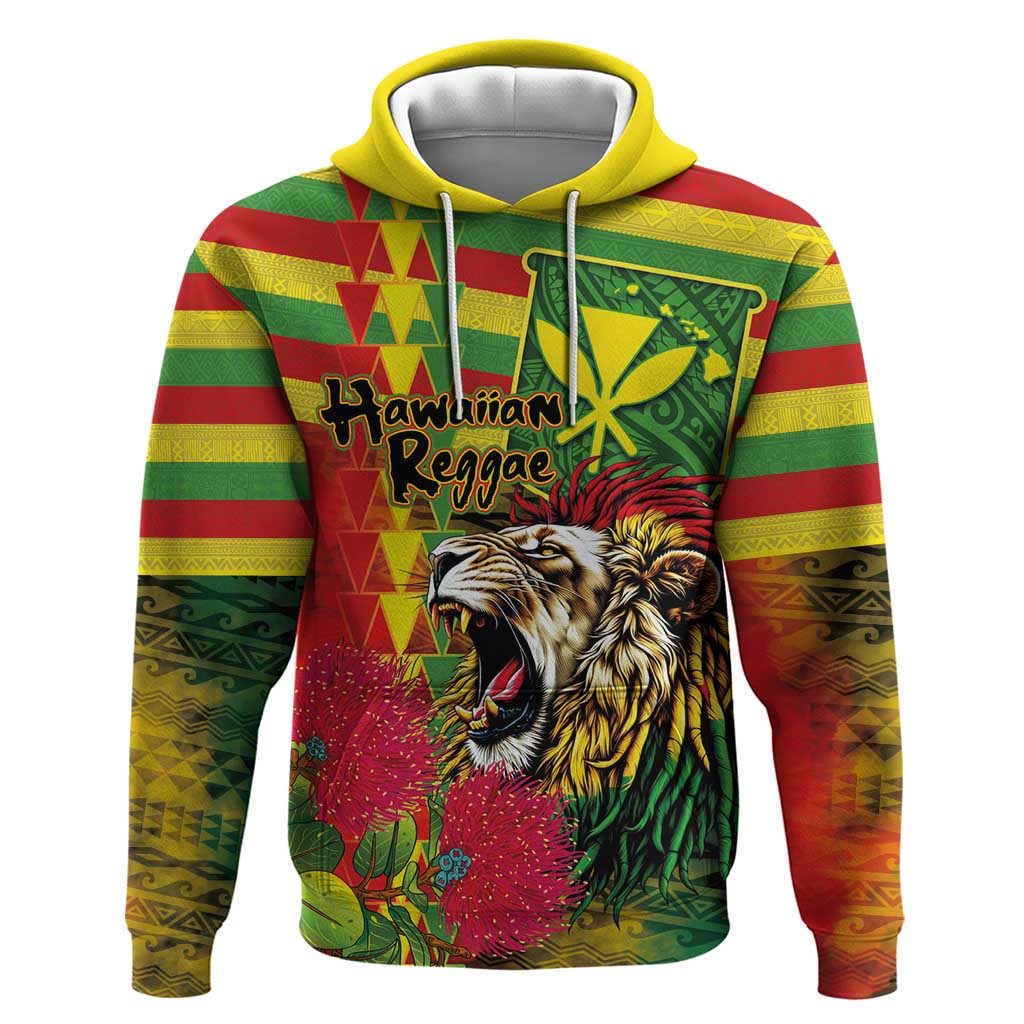 Hawaiian Reggae Zip Hoodie Kakau Art Motifs with Ohia Lehua and Rastafari Lion LT03 Pullover Hoodie Multicolor - Polynesian Pride