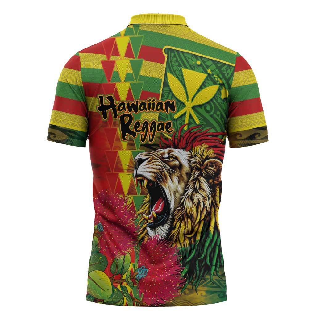 Hawaiian Reggae Zipper Polo Shirt Kakau Art Motifs with Ohia Lehua and Rastafari Lion LT03 - Polynesian Pride