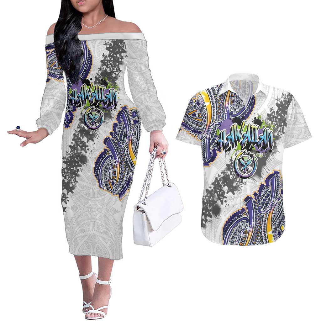 Traditional Art Hawaiian Kakau Tattoos Couples Matching Off The Shoulder Long Sleeve Dress and Hawaiian Shirt Graffiti Style LT03 White - Polynesian Pride