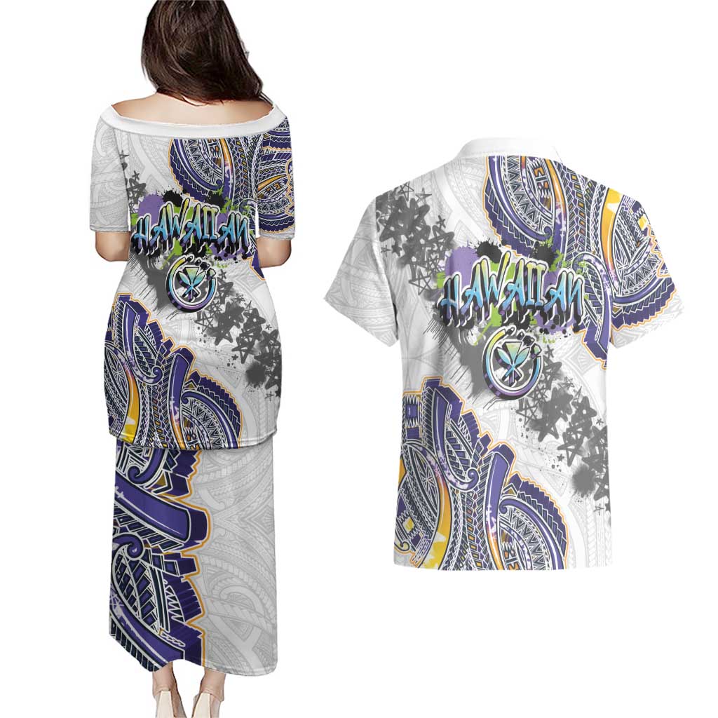 Traditional Art Hawaiian Kakau Tattoos Couples Matching Puletasi and Hawaiian Shirt Graffiti Style - Polynesian Pride