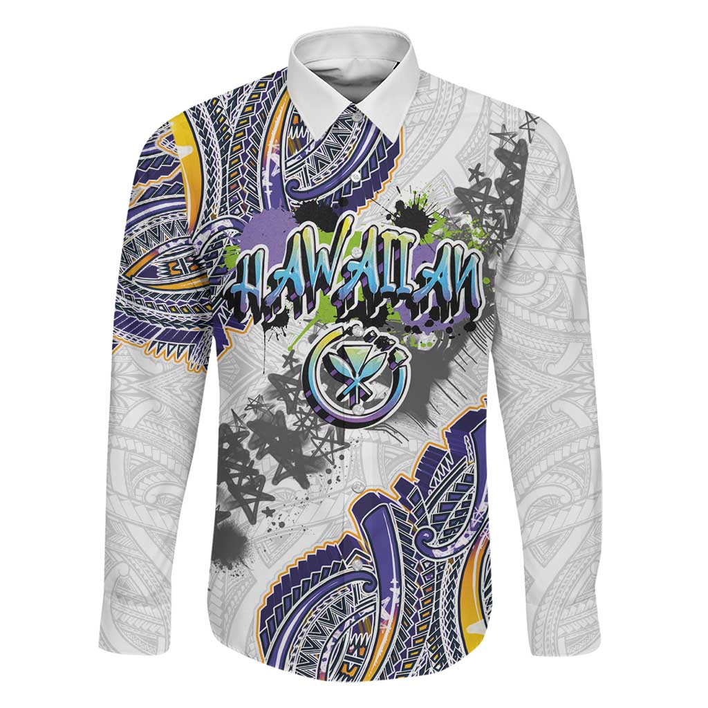 Traditional Art Hawaiian Kakau Tattoos Family Matching Long Sleeve Bodycon Dress and Hawaiian Shirt Graffiti Style LT03 Dad's Shirt - Long Sleeve White - Polynesian Pride