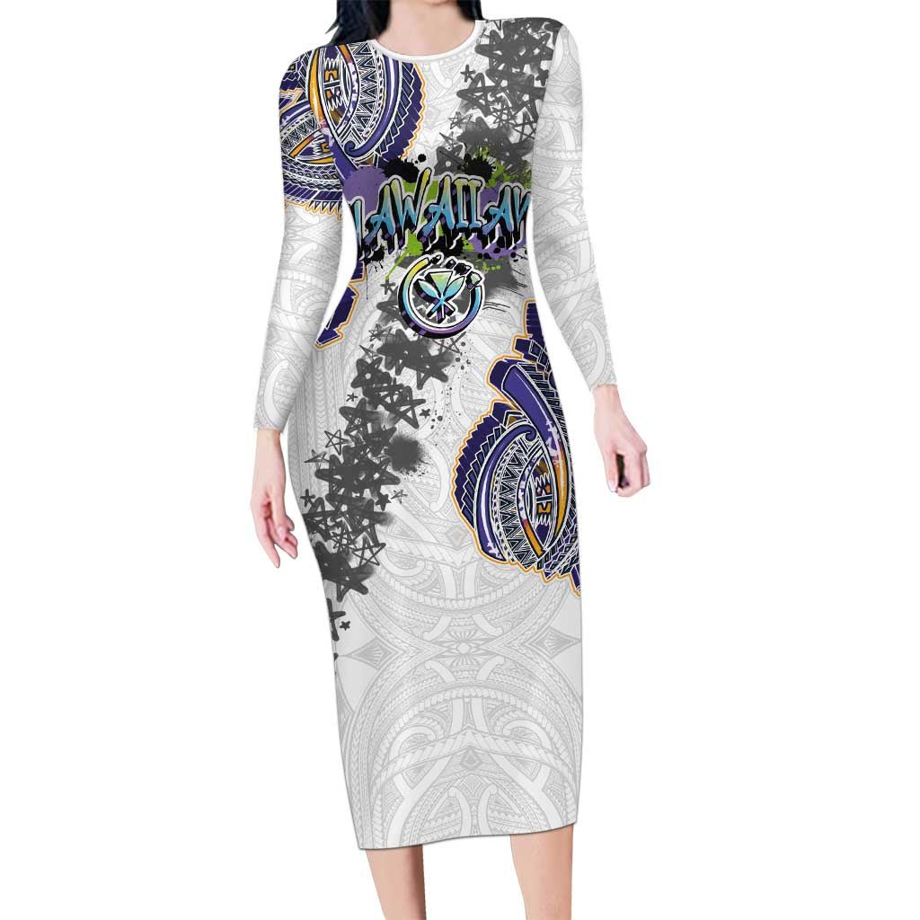 Traditional Art Hawaiian Kakau Tattoos Family Matching Long Sleeve Bodycon Dress and Hawaiian Shirt Graffiti Style LT03 Mom's Dress White - Polynesian Pride