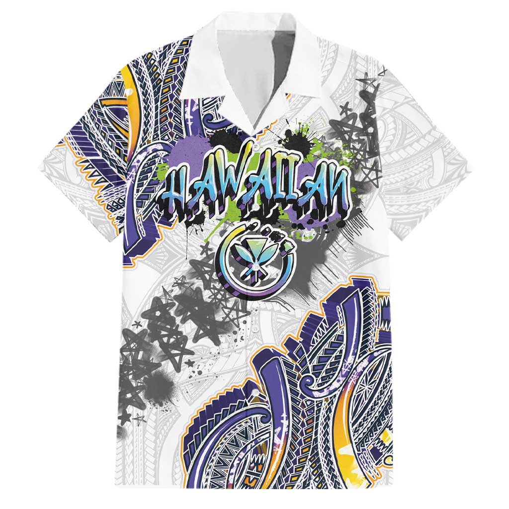 Traditional Art Hawaiian Kakau Tattoos Family Matching Mermaid Dress and Hawaiian Shirt Graffiti Style LT03 Dad's Shirt - Short Sleeve White - Polynesian Pride