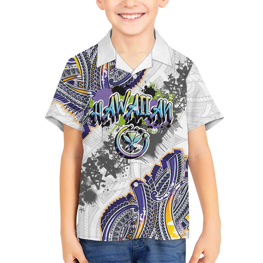 Traditional Art Hawaiian Kakau Tattoos Family Matching Mermaid Dress and Hawaiian Shirt Graffiti Style LT03 Son's Shirt White - Polynesian Pride