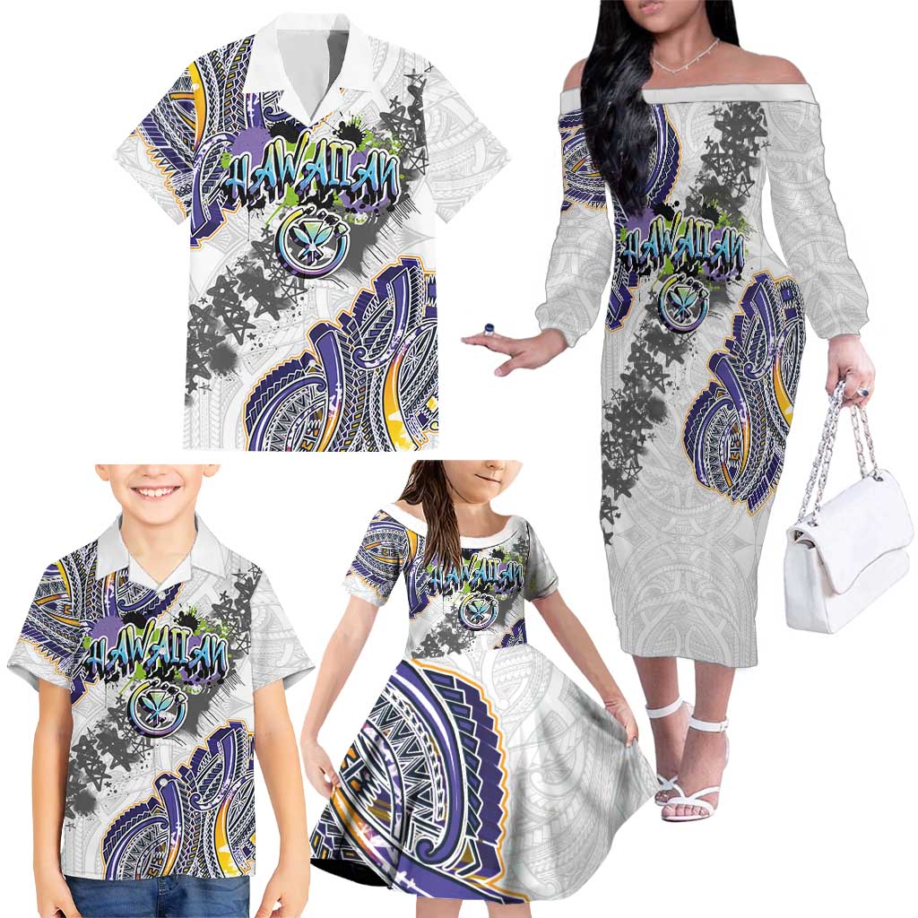 Traditional Art Hawaiian Kakau Tattoos Family Matching Off The Shoulder Long Sleeve Dress and Hawaiian Shirt Graffiti Style LT03 - Polynesian Pride