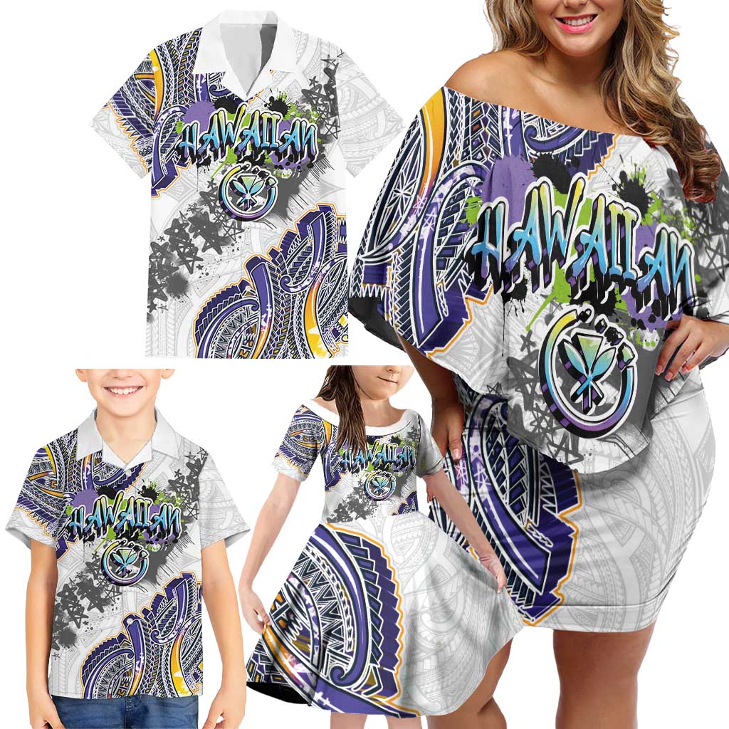 Traditional Art Hawaiian Kakau Tattoos Family Matching Off Shoulder Short Dress and Hawaiian Shirt Graffiti Style LT03 - Polynesian Pride