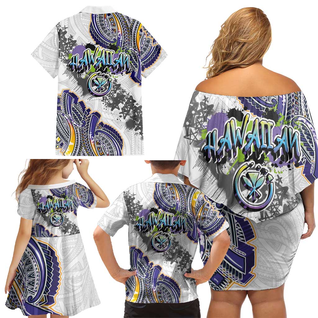 Traditional Art Hawaiian Kakau Tattoos Family Matching Off Shoulder Short Dress and Hawaiian Shirt Graffiti Style LT03 - Polynesian Pride