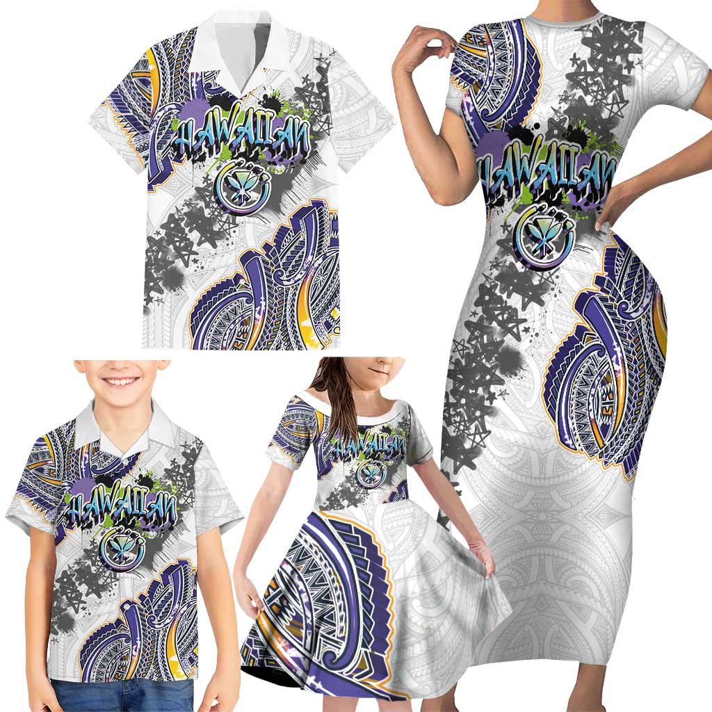 Traditional Art Hawaiian Kakau Tattoos Family Matching Short Sleeve Bodycon Dress and Hawaiian Shirt Graffiti Style - Polynesian Pride