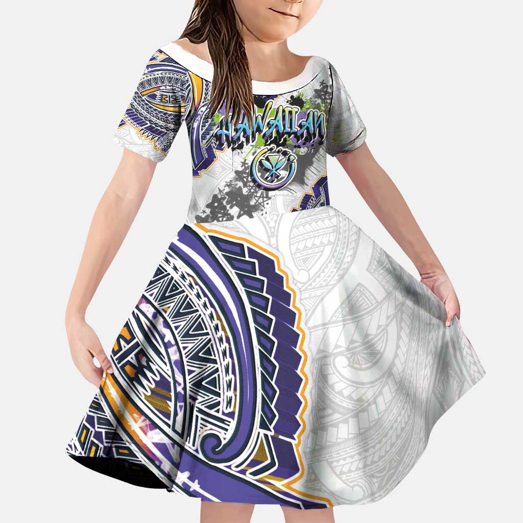 Traditional Art Hawaiian Kakau Tattoos Family Matching Tank Maxi Dress and Hawaiian Shirt Graffiti Style LT03 Daughter's Dress White - Polynesian Pride