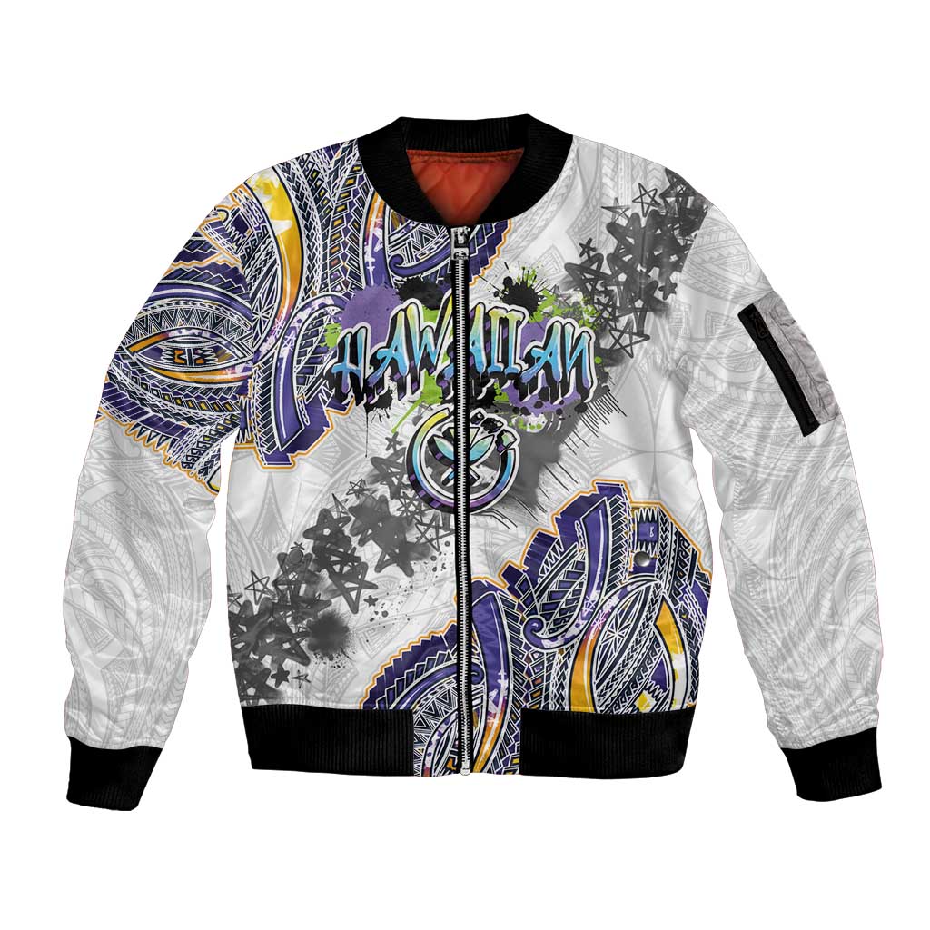 Traditional Art Hawaiian Kakau Tattoos Sleeve Zip Bomber Jacket Graffiti Style LT03 Unisex White - Polynesian Pride