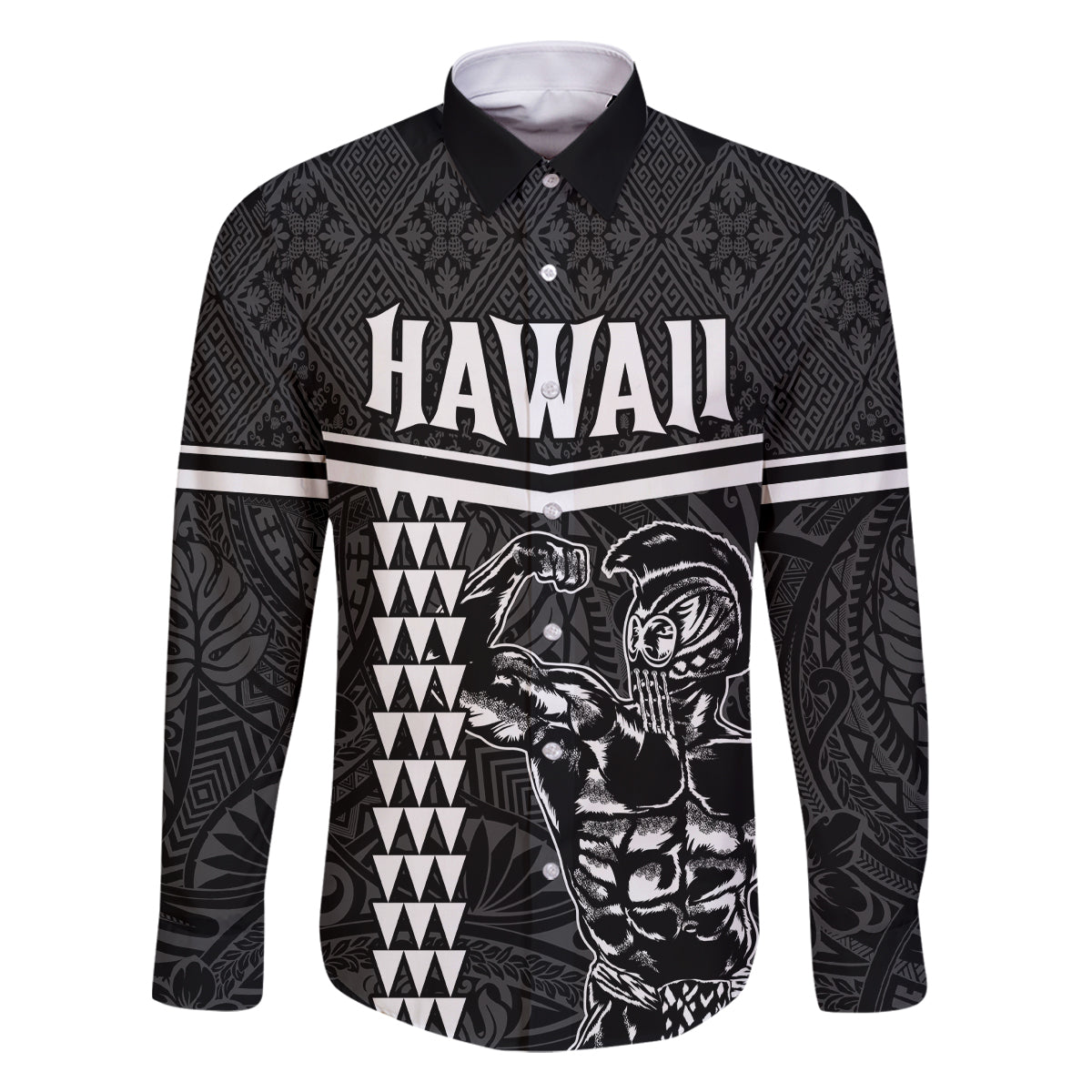 Custom Hawaii Warrior Family Matching Off Shoulder Long Sleeve Dress and Hawaiian Shirt Kakau Quilt Pattern LT03 Dad's Shirt - Long Sleeve Black - Polynesian Pride