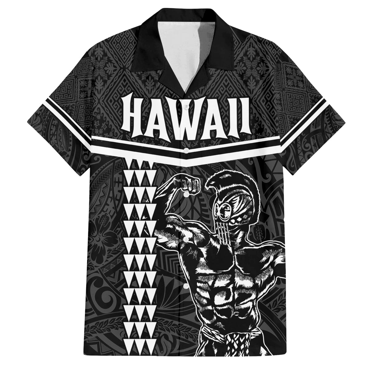 Custom Hawaii Warrior Family Matching Puletasi and Hawaiian Shirt Kakau Quilt Pattern LT03 Dad's Shirt - Short Sleeve Black - Polynesian Pride